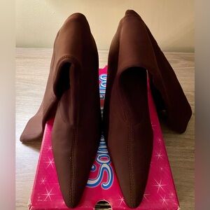 Brown stretch calf length boots